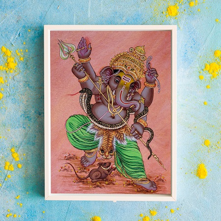 Veer Ganesha with Trishul Divine Painting – Traditional Framed Spiritual Wall Art